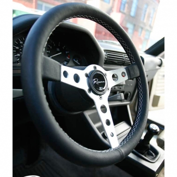 Renown Monaco Silver Steering Wheel - 350mm / Silver Spoke / Leather (White Stitch)