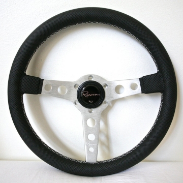 Renown Monaco Silver Steering Wheel - 350mm / Silver Spoke / Perforated Leather (White Stitch)