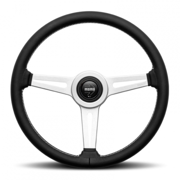 Momo Retro Steering Wheel - 360mm (Black Air Leather / White Stitch / Brushed Spoke)