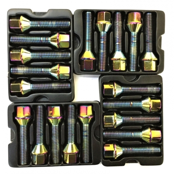Mevius Lug Bolts (Set of 20) - 50mm Length / 14x1.50 Thread / 60 Degree Taper Cone Seat / Chrome Neon