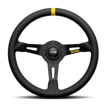 Momo MOD 08 Steering Wheel - 330mm (Black Leather / Brushed Black Spoke / Single Yellow Stripe)