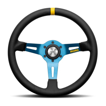 Momo MOD 08 Steering Wheel - 330mm (Black Leather / Brushed Blue Spoke / Single Yellow Stripe)