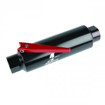 Aeromotive In-Line AN-10 Filter w/ Shutoff Valve 100 Micron SS Element - Black Anodize Finish